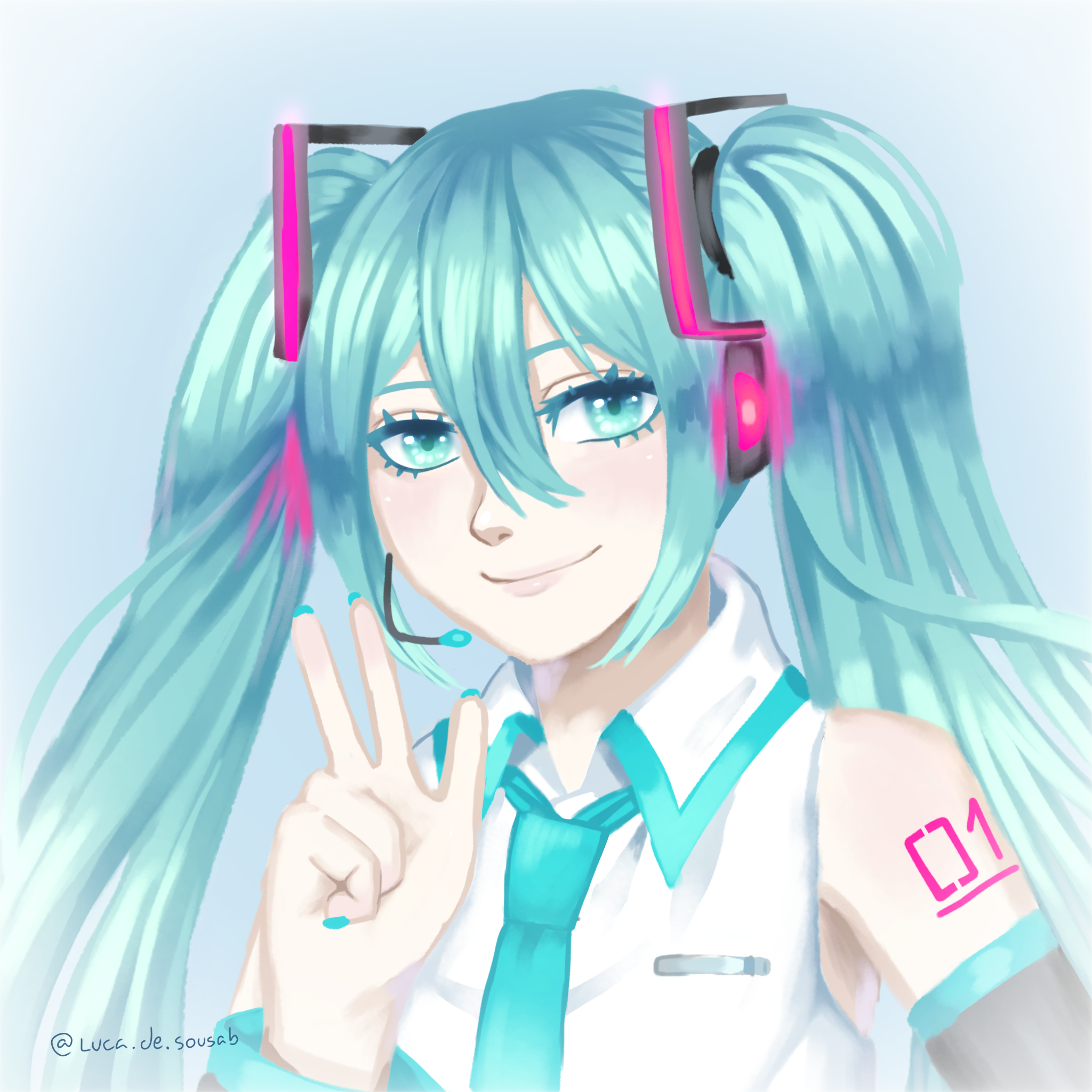 A digital drawing of Hatsune Miku making a peace sign